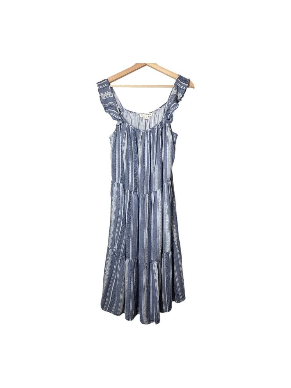 Ecothreads Blue Tiered Striped Dress Boho Cottage Size XL Ruffle Sleeve Midi